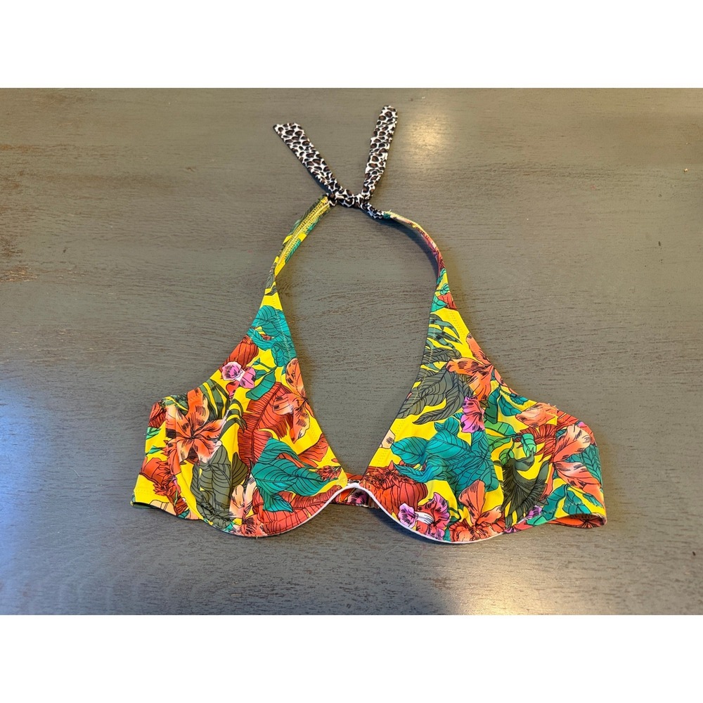Lascana Tropical Floral Underwire Bikini Top 36C Yellow Leopard Halter